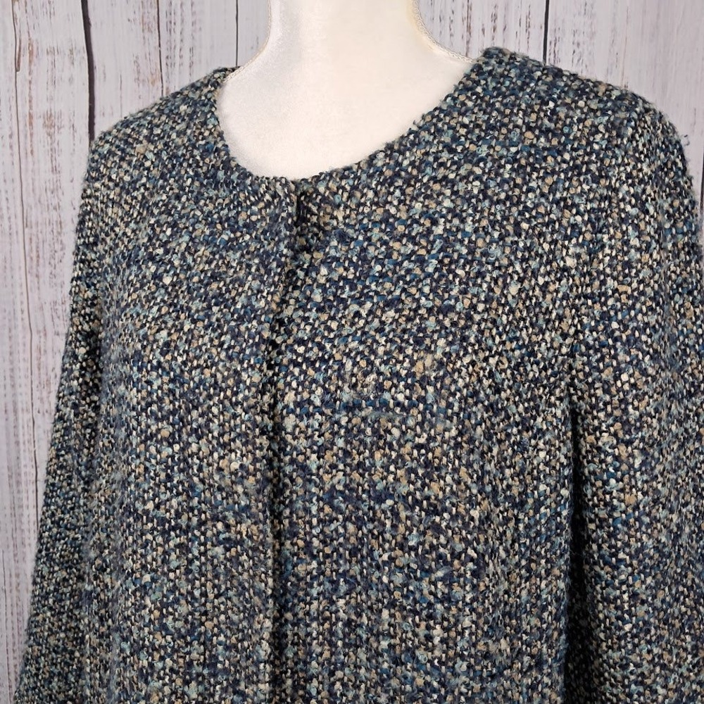 TALBOTS 16 Italian Boucle‎ Tweed Collarless Swing Coat Blue Grey Multi Pockets - Picture 3 of 7